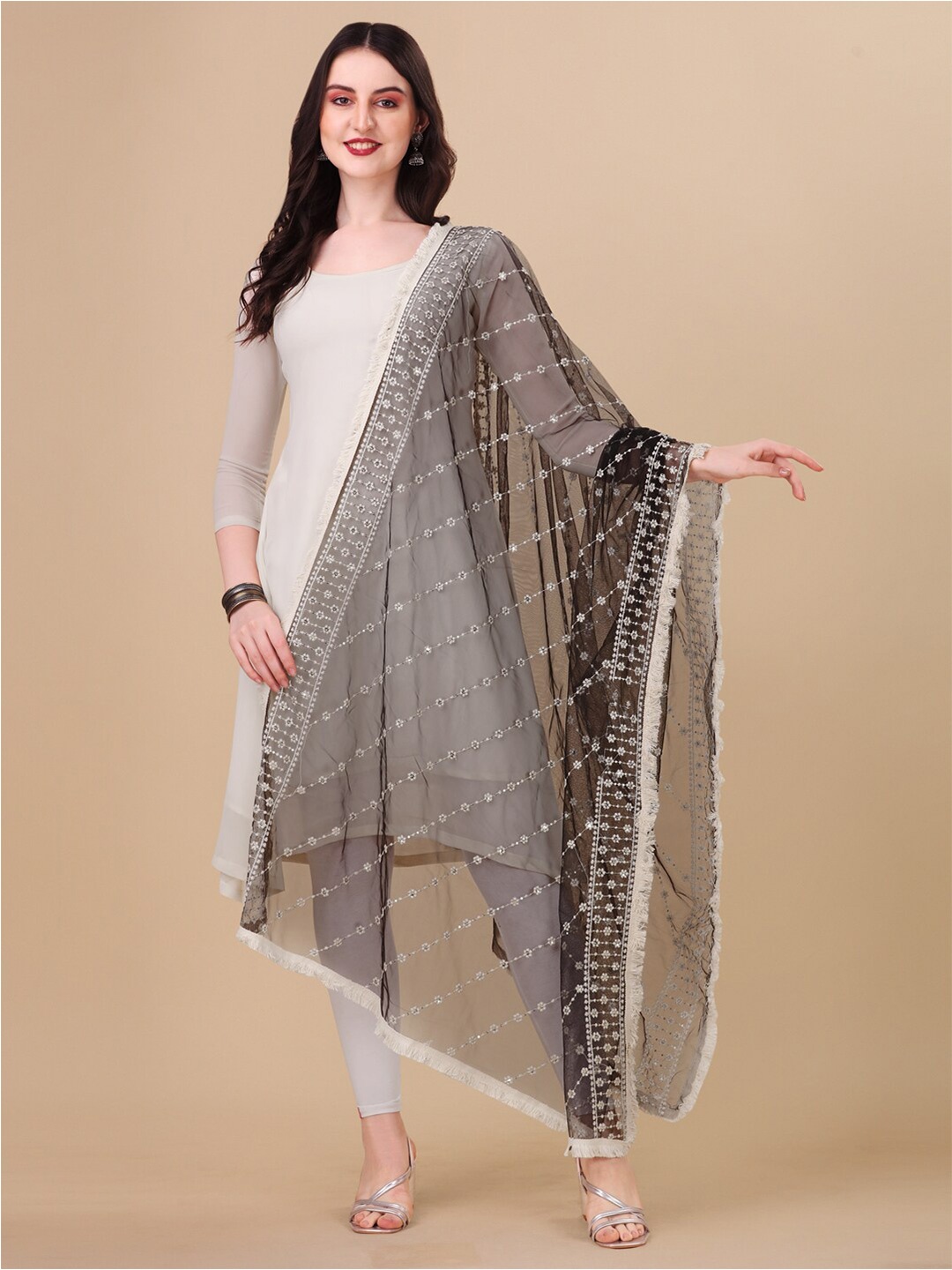 

ORUS Embroidered Dupatta with Thread Work, Black