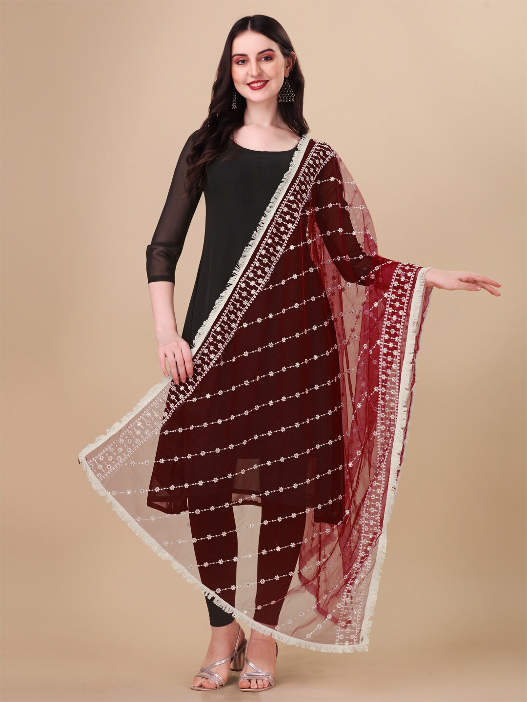 

ORUS Embroidered Dupatta with Thread Work, Maroon