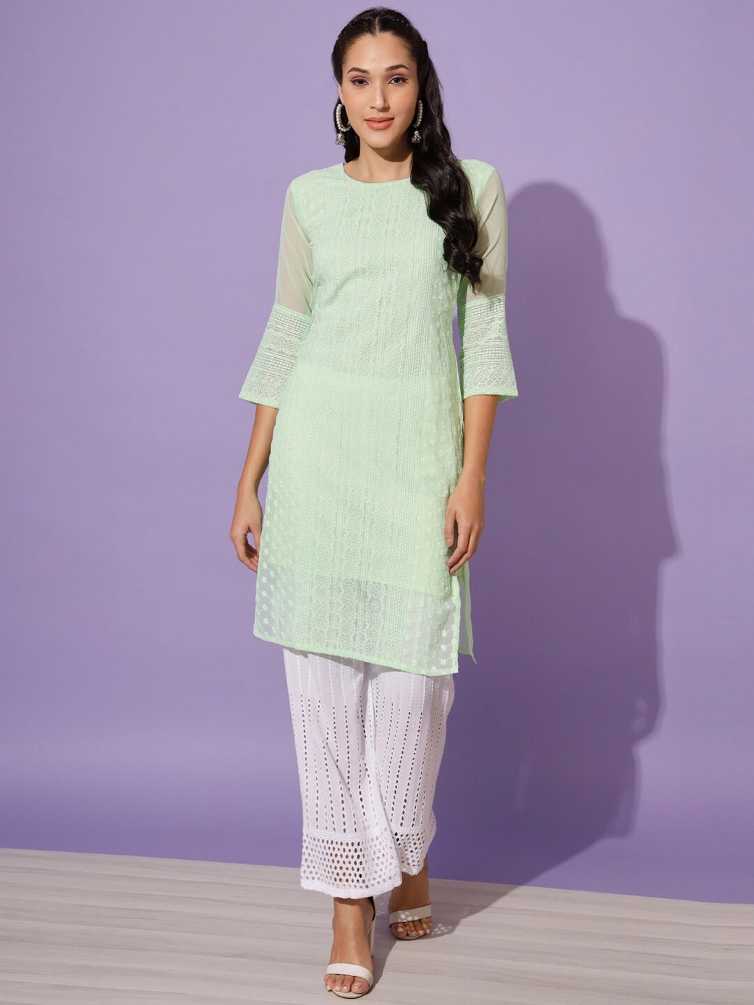 

GUFRINA Floral Embroidered Chikankari Kurta With Palazzos, Sea green