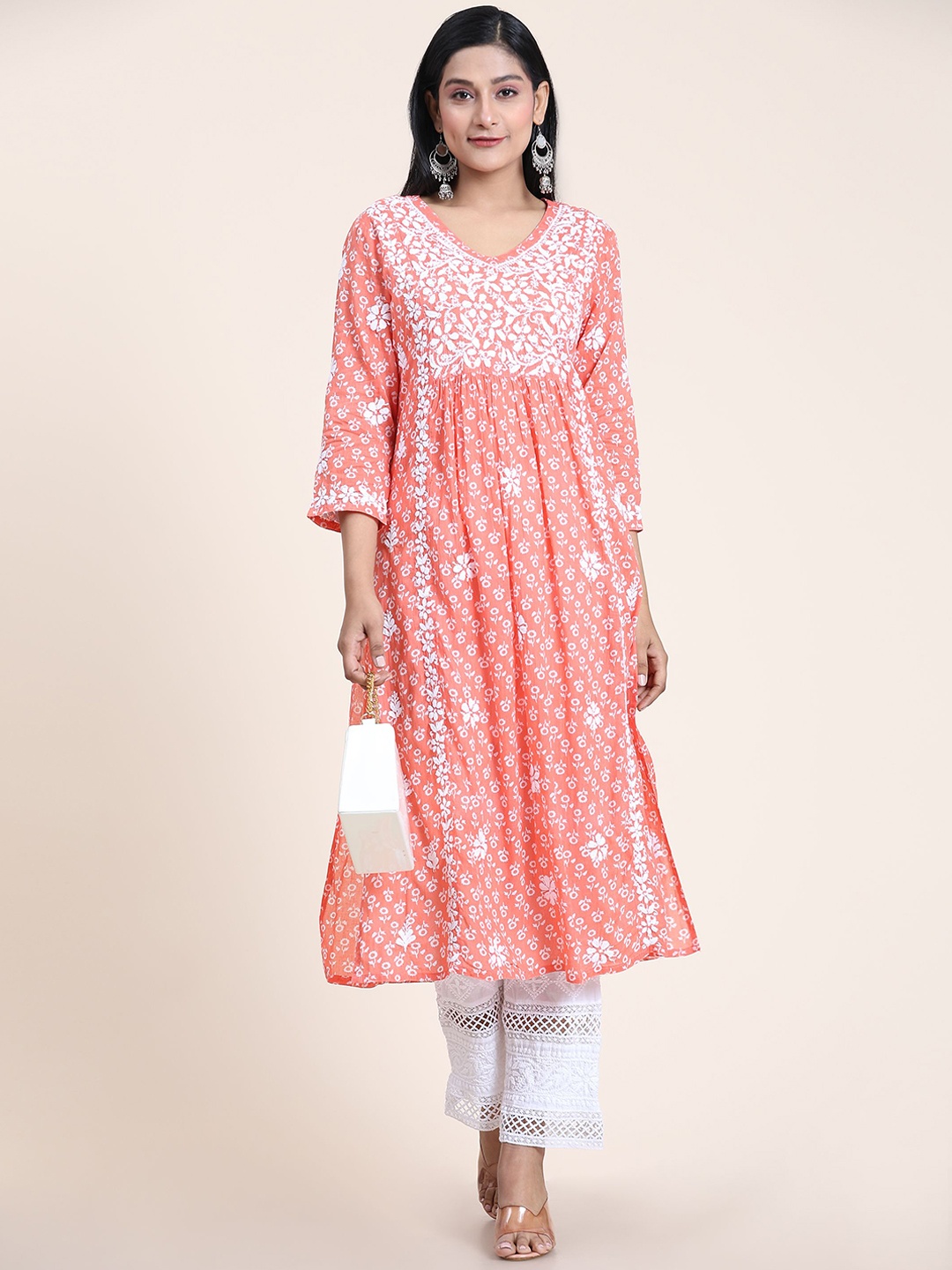 

HOUSE OF KARI V-Neck Floral Printed Chikankari A-Line Pure Cotton Kurta, Peach