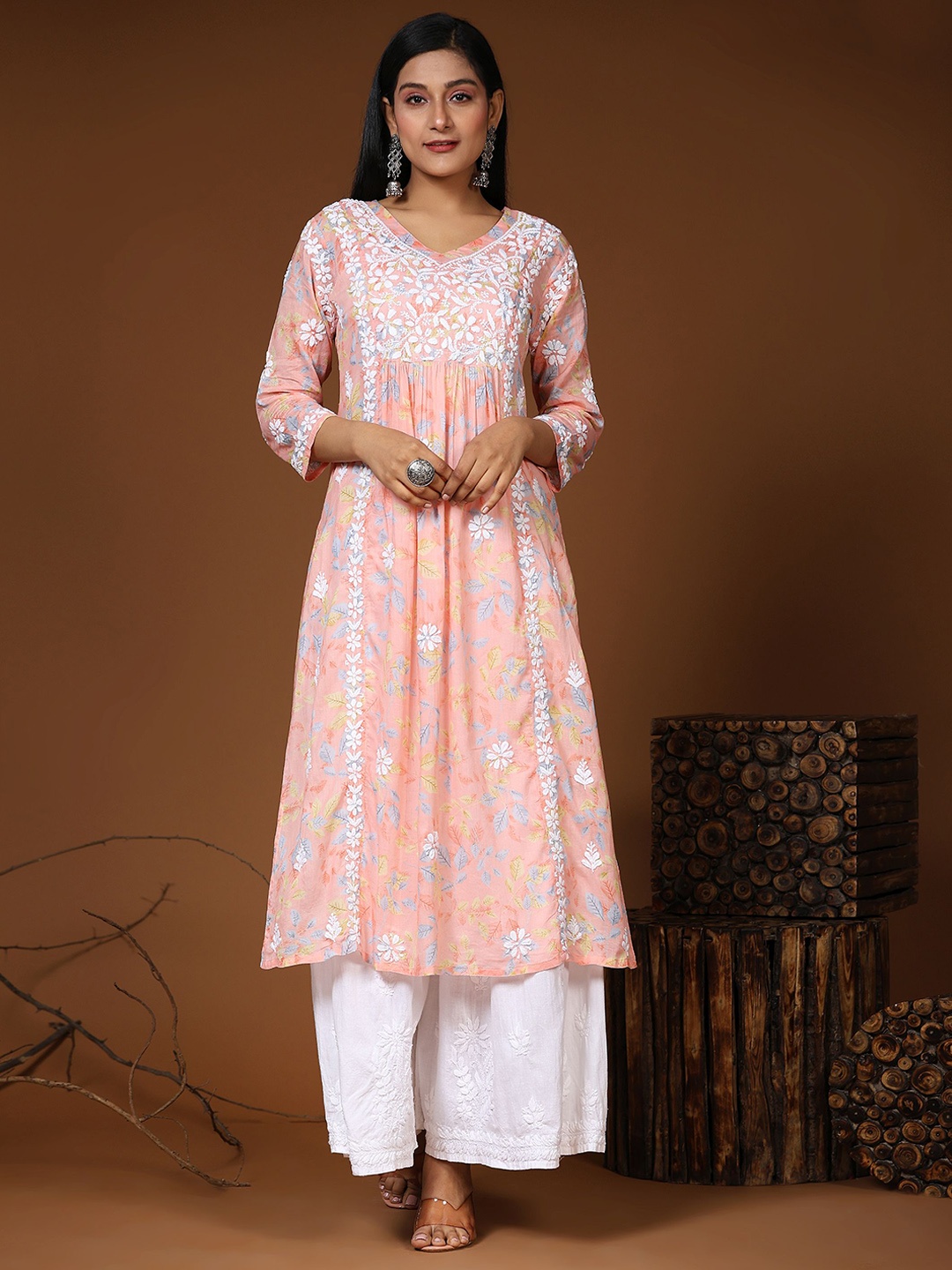 

HOUSE OF KARI V-Neck Floral Printed Chikankari Pleated A-Line Pure Cotton Kurta, Peach