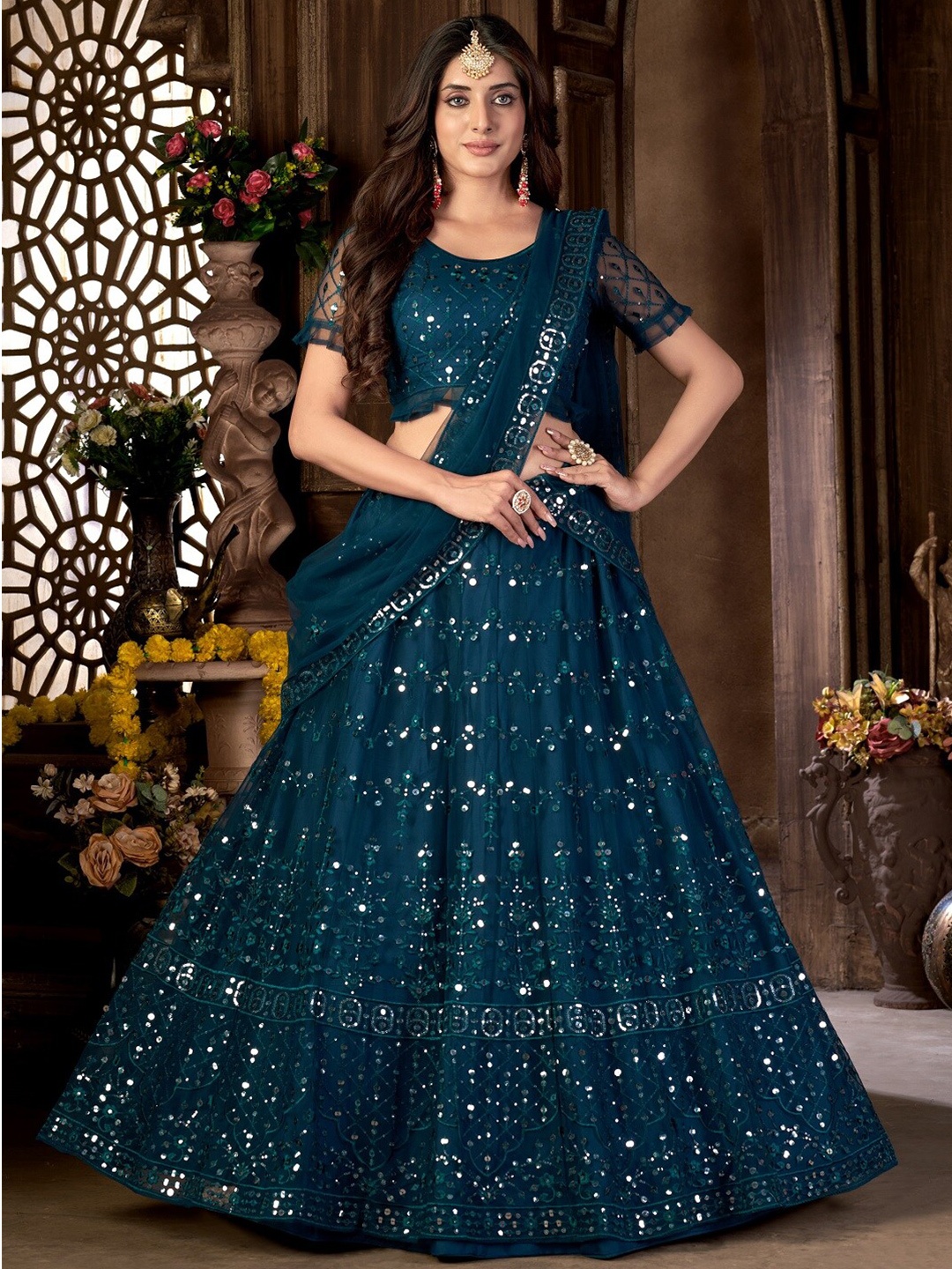 

Pandadi Saree Embellished Sequinned Semi-Stitched Lehenga & Blouse With Dupatta, Teal