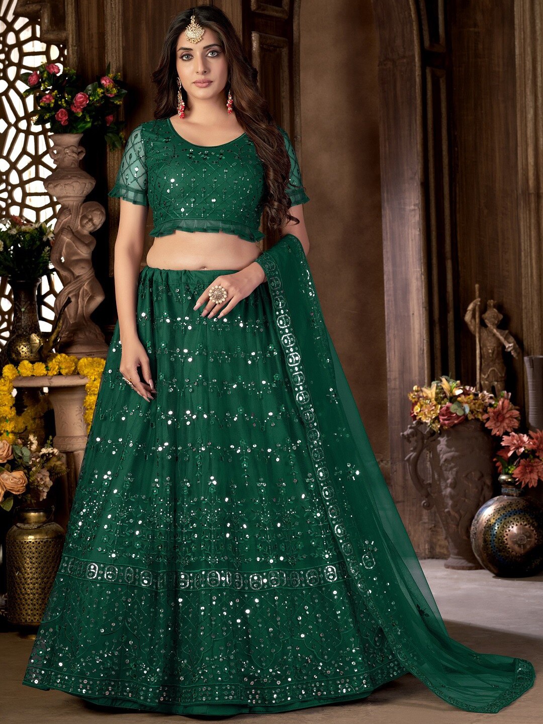 

Pandadi Saree Embroidered Sequinned Semi-Stitched Lehenga & Blouse With Dupatta, Green