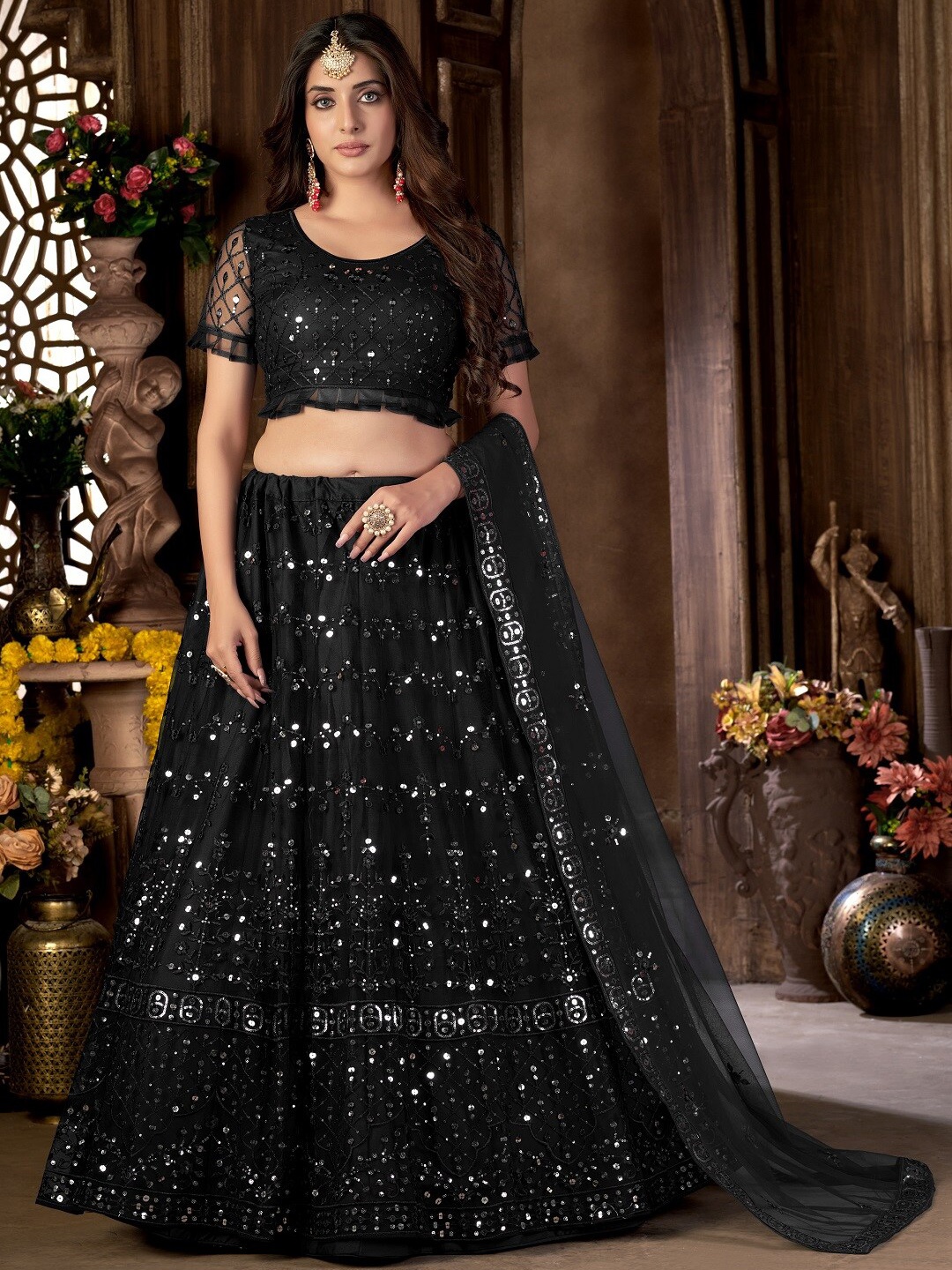 

Pandadi Saree Embroidered Sequinned Semi-Stitched Lehenga & Blouse With Dupatta, Black