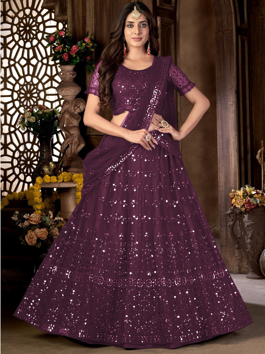 

Pandadi Saree Embroidered Sequinned Semi-Stitched Lehenga & Blouse With Dupatta, Purple