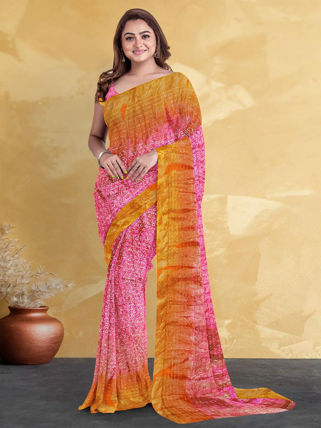 

Kalamandir Shibori Dyed Zari Saree, Pink