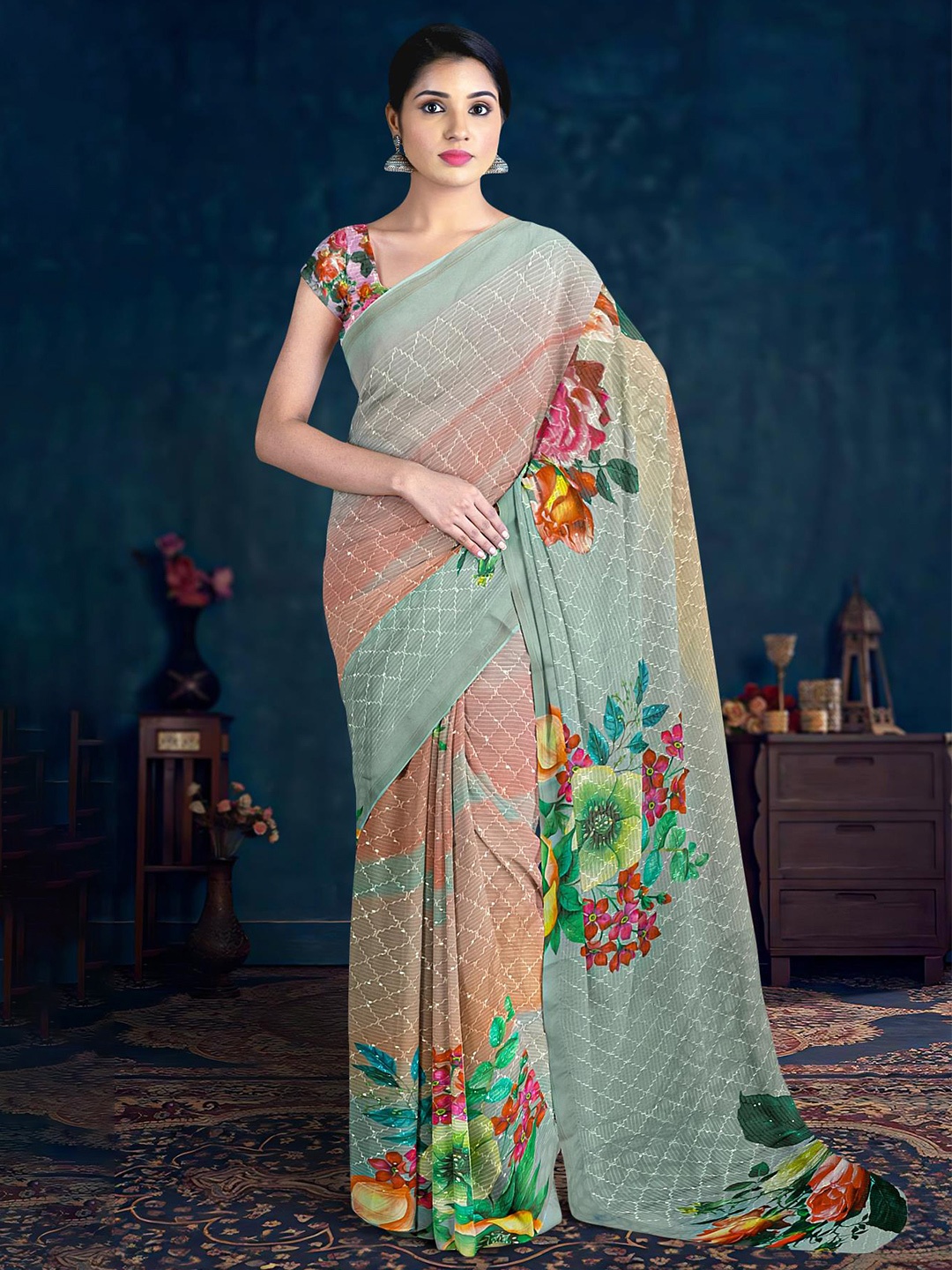 

Kalamandir Floral Printed Silk Blend Saree, Pink