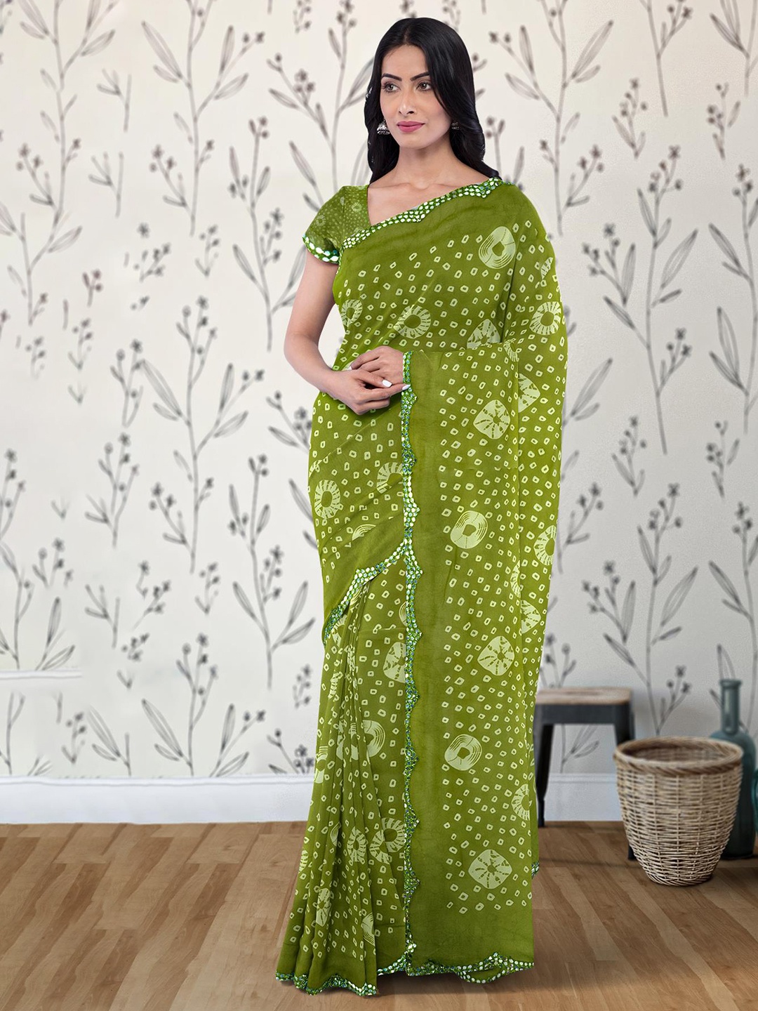 

Kalamandir Bandhani Poly Georgette Saree, Olive