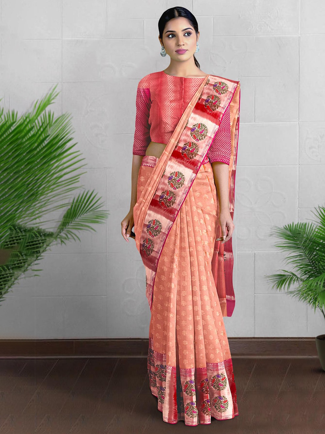 

Kalamandir Floral Muga Silk Zari Saree With Blouse Piece, Peach