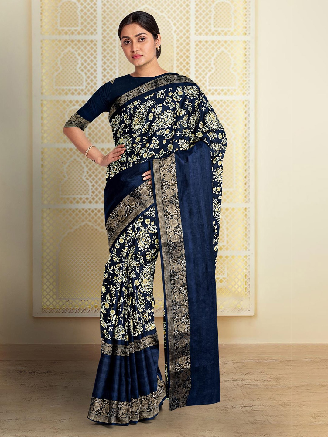 

Kalamandir Paisley Zari Silk Blend Saree, Navy blue