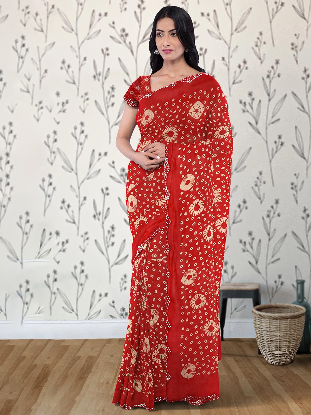 

Kalamandir Embroidered Bandhani Poly Georgette Saree, Red