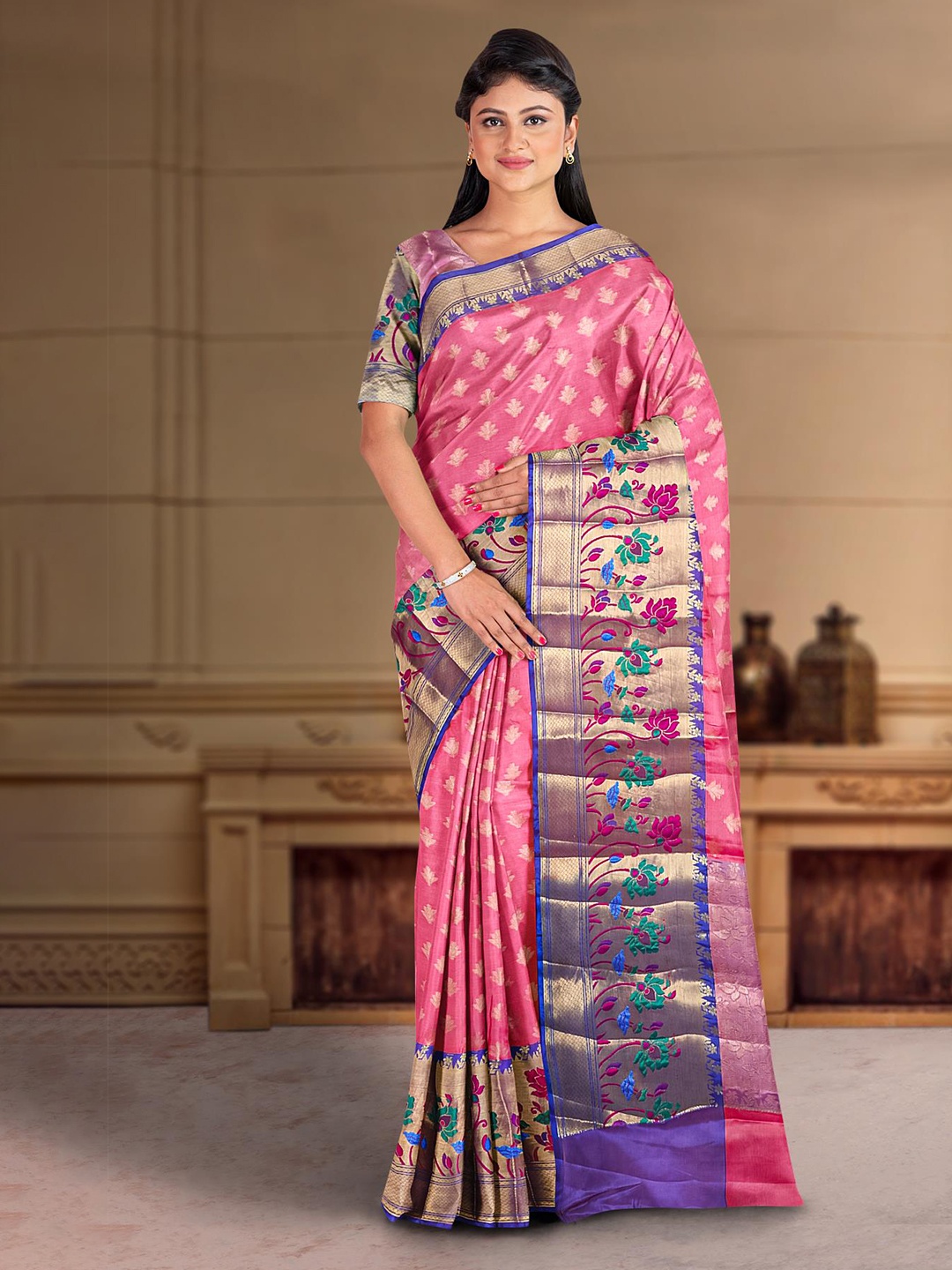 

Kalamandir Ethnic Motifs Woven Design Zari Saree, Pink