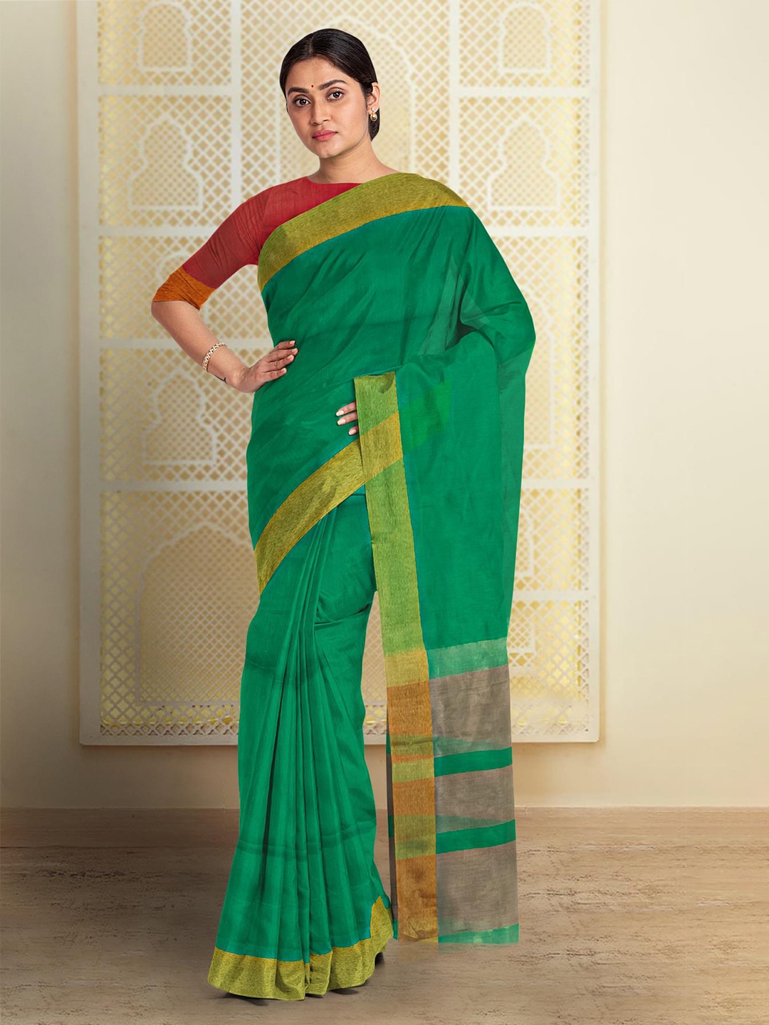 

Kalamandir Zari Silk Blend Saree, Green