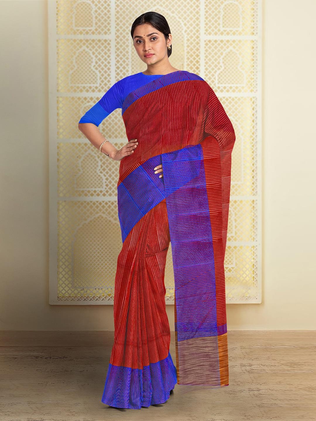 

Kalamandir Striped Woven Silk Blend Saree, Red