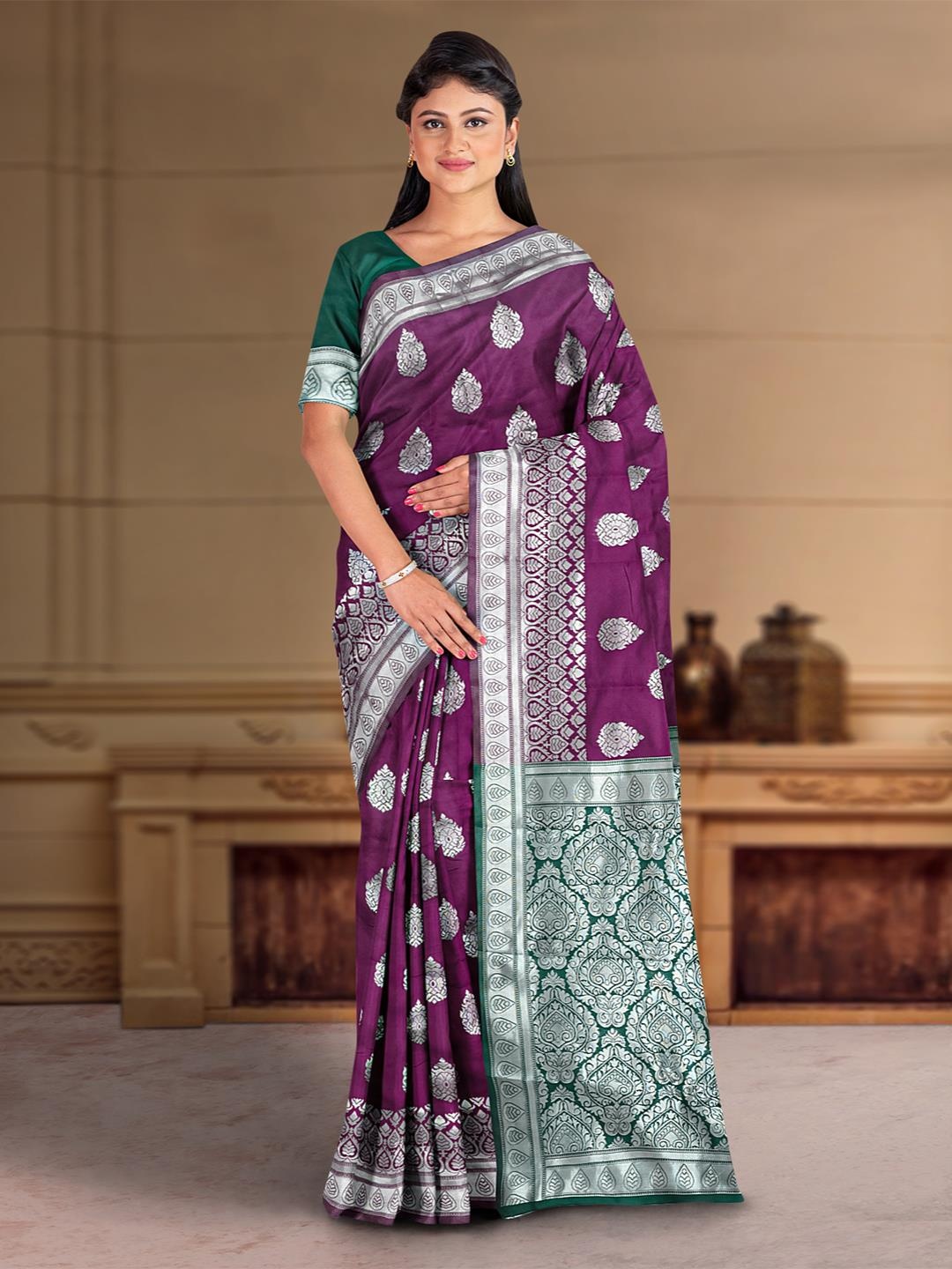 

Kalamandir Ethnic Motifs Silk Blend Zari Saree, Purple