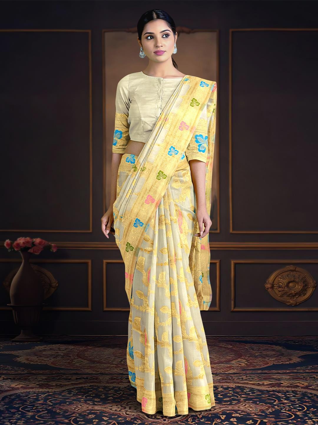 

Kalamandir Ethnic Motifs Silk Blend Zari Saree, Cream