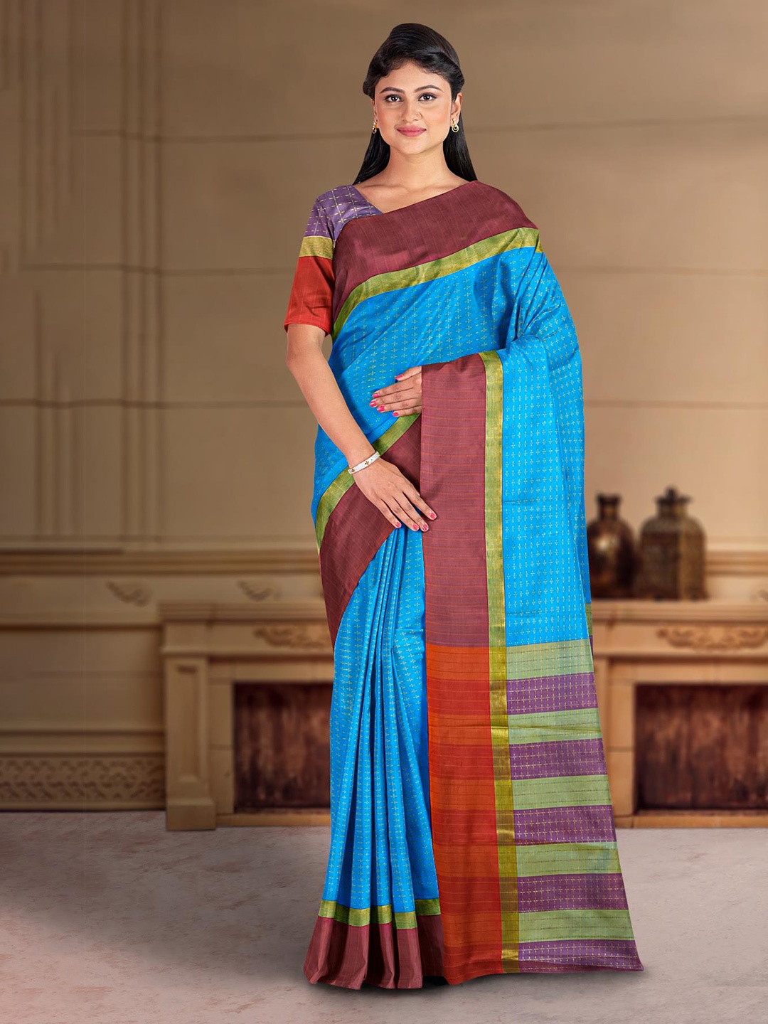 

Kalamandir Ethnic Motif Silk Blend Zari Saree, Blue