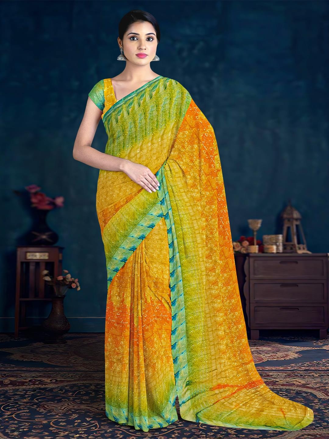

Kalamandir Abstract Printed Silk Blend Saree, Orange