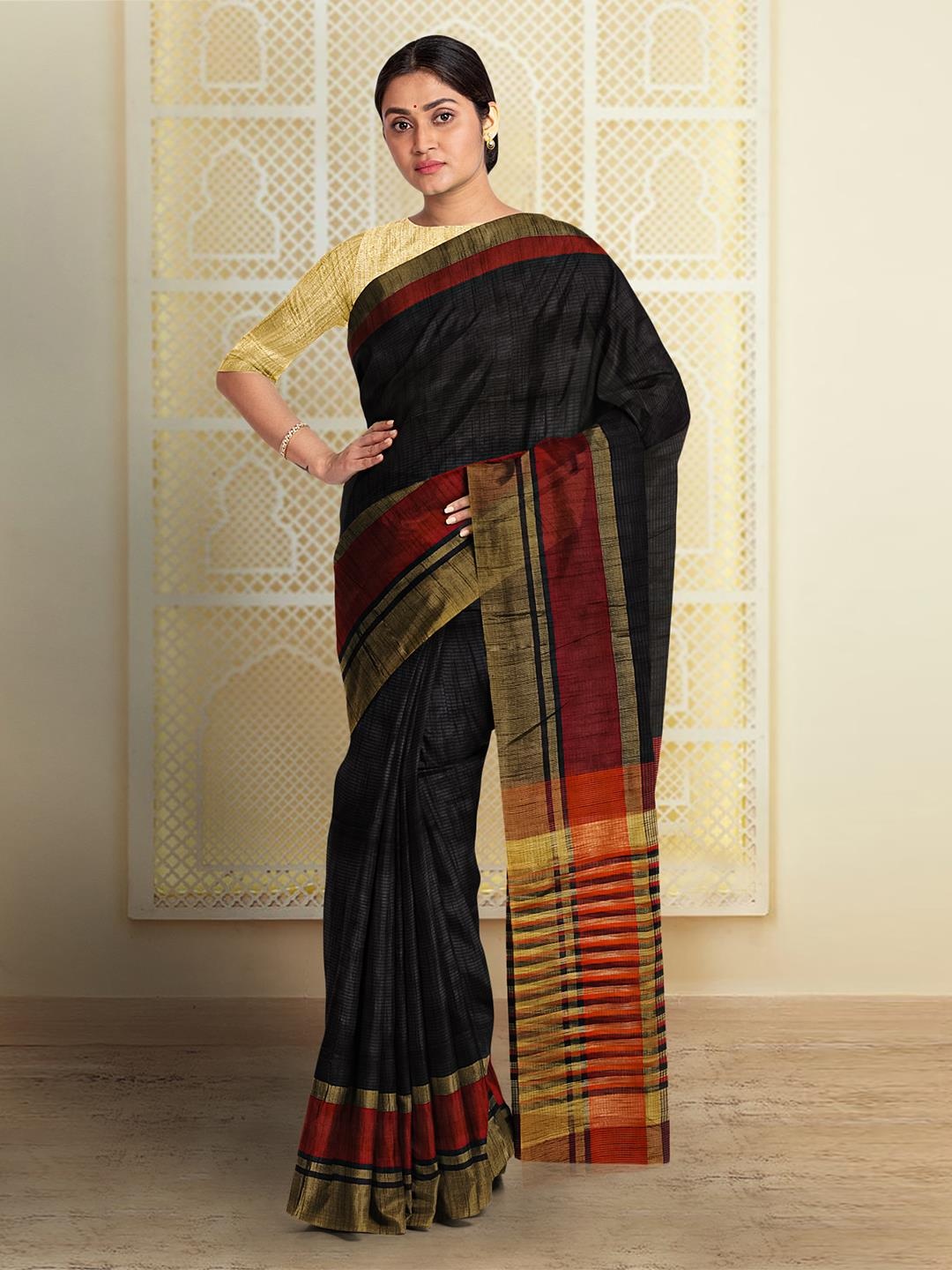 

Kalamandir Striped Silk Blend Saree, Black