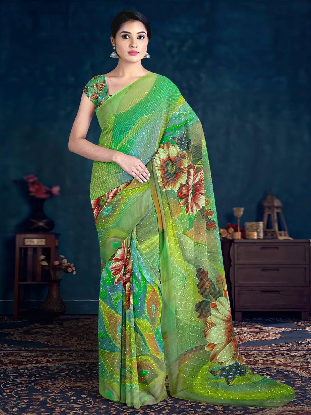 

Kalamandir Floral Printed Saree, Olive