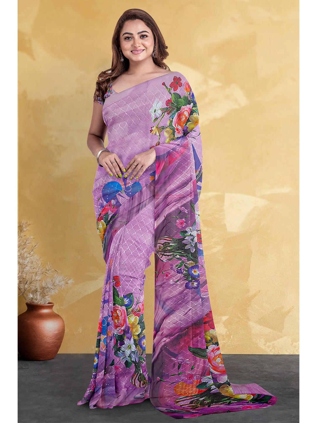

Kalamandir Floral Printed Silk Blend Saree, Lavender
