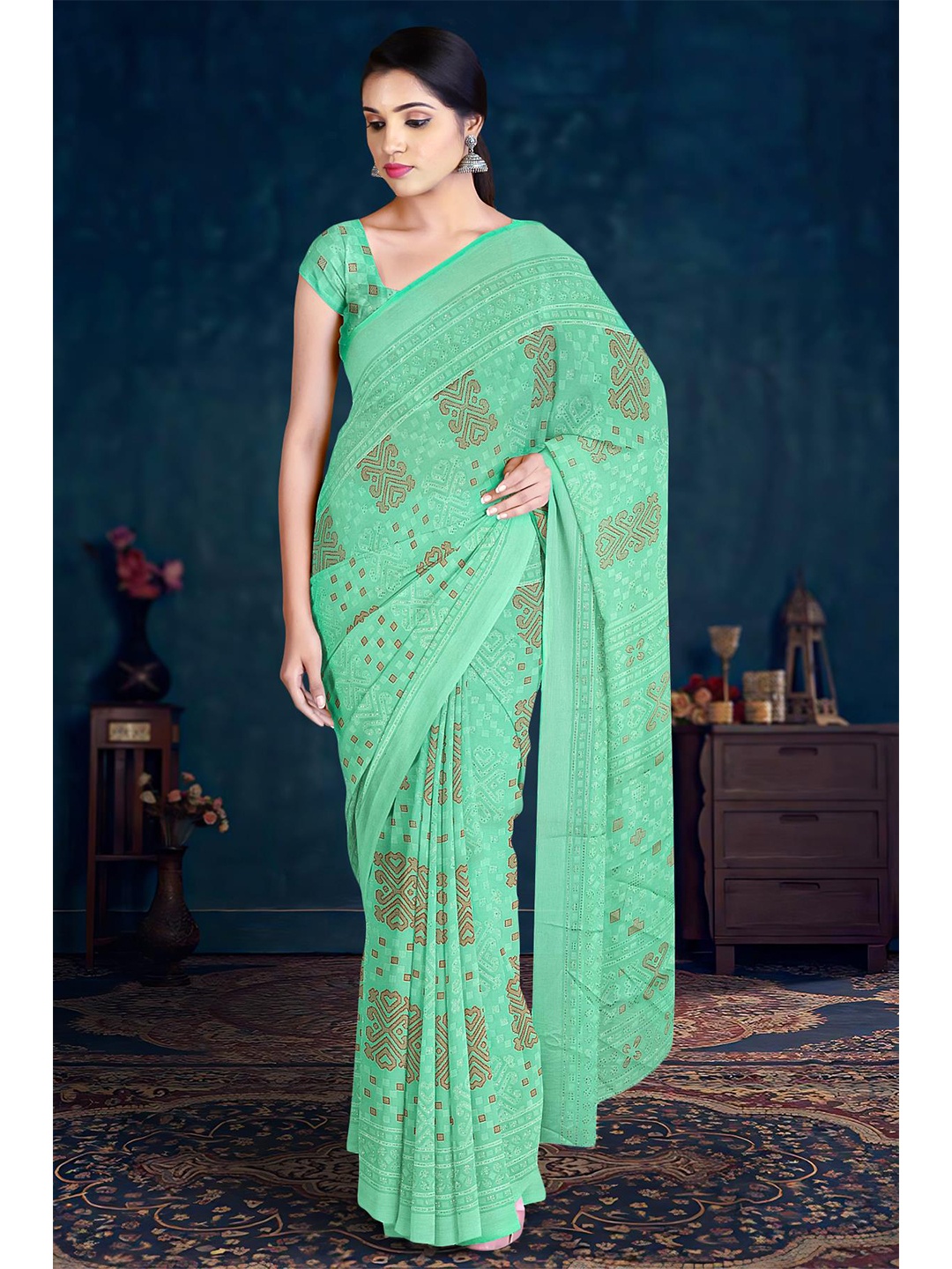 

Kalamandir Ethnic Motif Printed Silk Blend Saree, Sea green