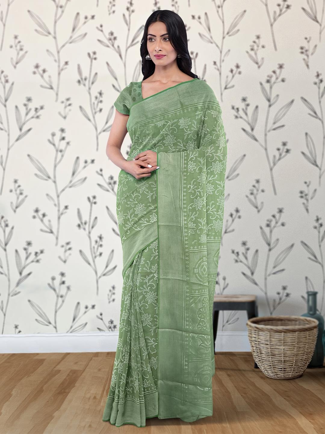 

Kalamandir Floral Motifs Woven Design Zari Saree, Olive