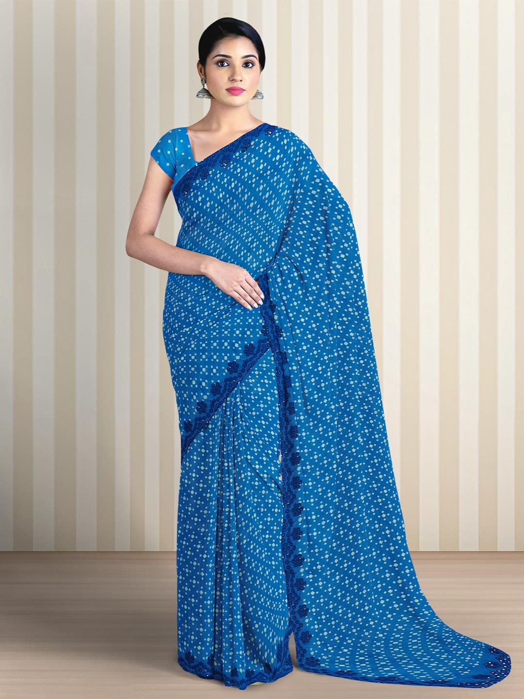 

Kalamandir Mirror Work Bandhani Saree, Blue