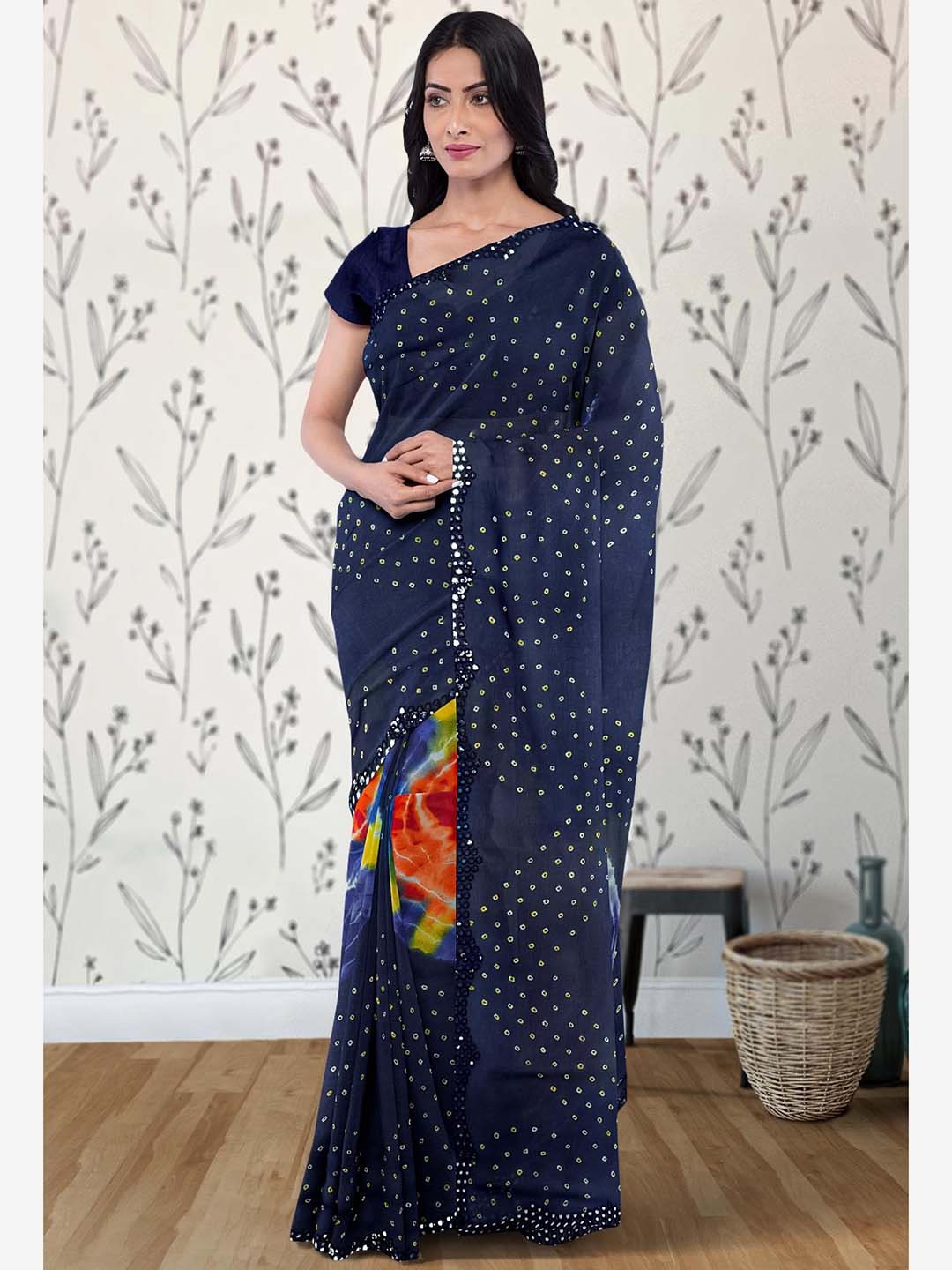 

Kalamandir Bandhani Mirror Work Silk Blend Bandhani Saree, Navy blue