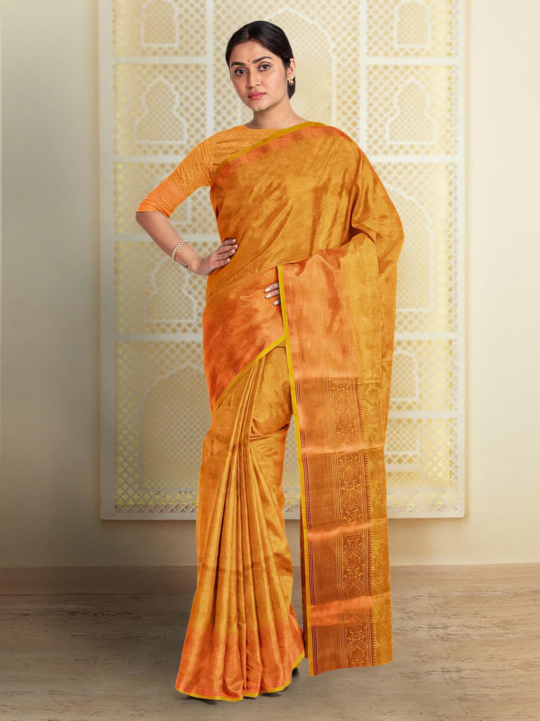 

Kalamandir Ethnic Motifs Woven Zari Silk Blend Saree, Mustard