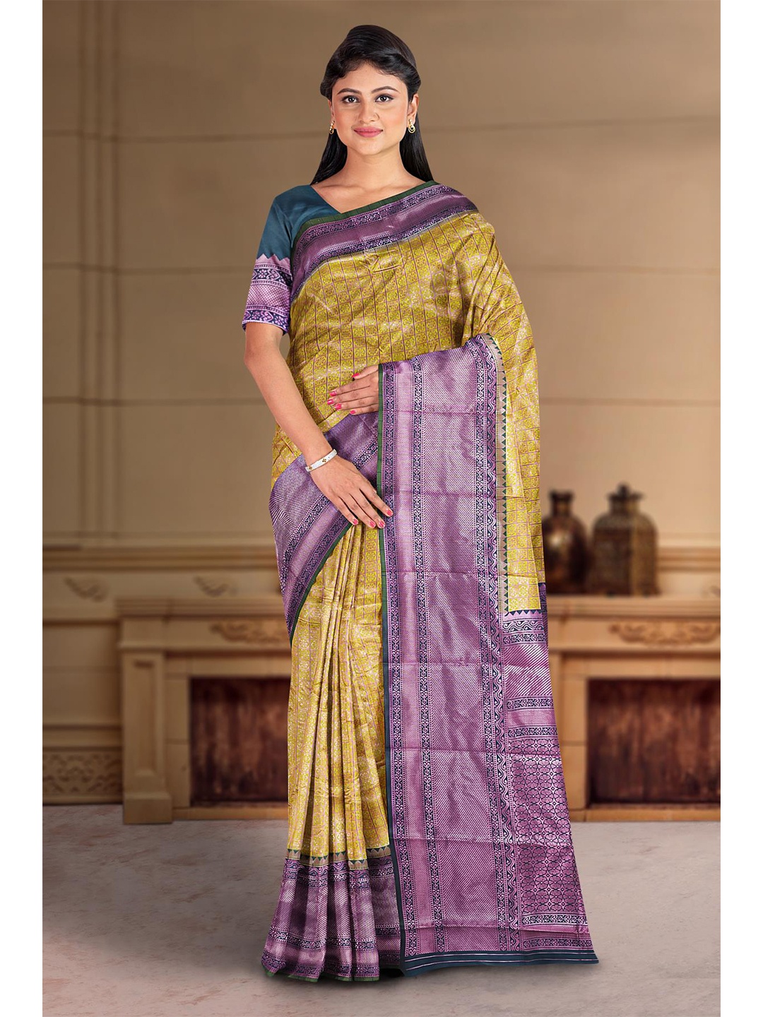 

Kalamandir Ethnic Motifs Art Silk Saree, Olive
