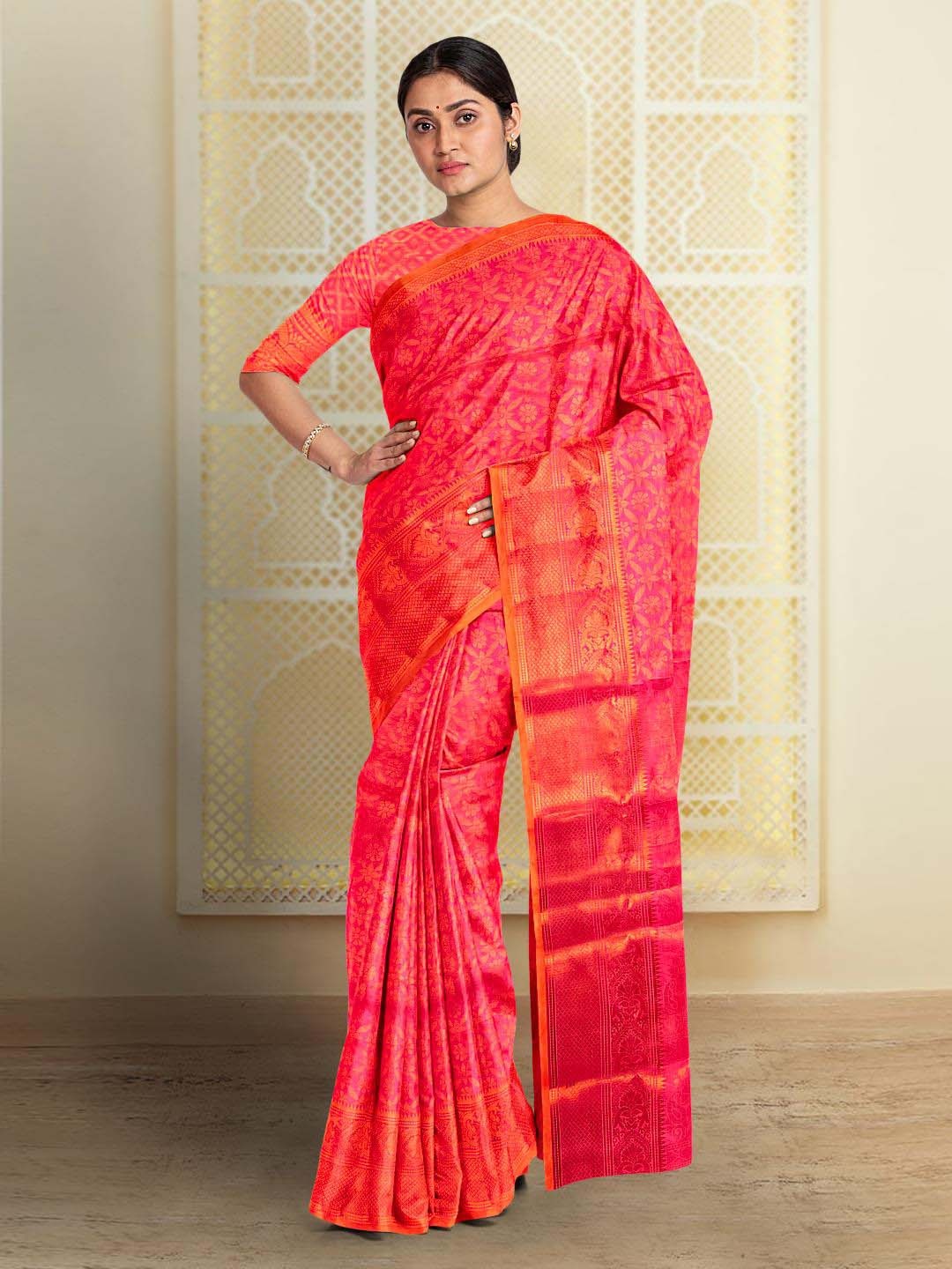 

Kalamandir Ethnic Motifs Woven Zari Silk Blend Saree, Pink