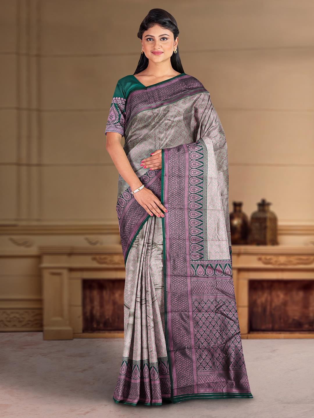 

Kalamandir Ethnic Motifs Woven Design Zari Silk Saree, Grey