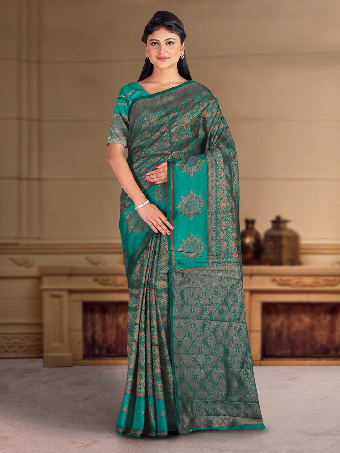

Kalamandir Ethnic Motifs Zari Saree, Teal