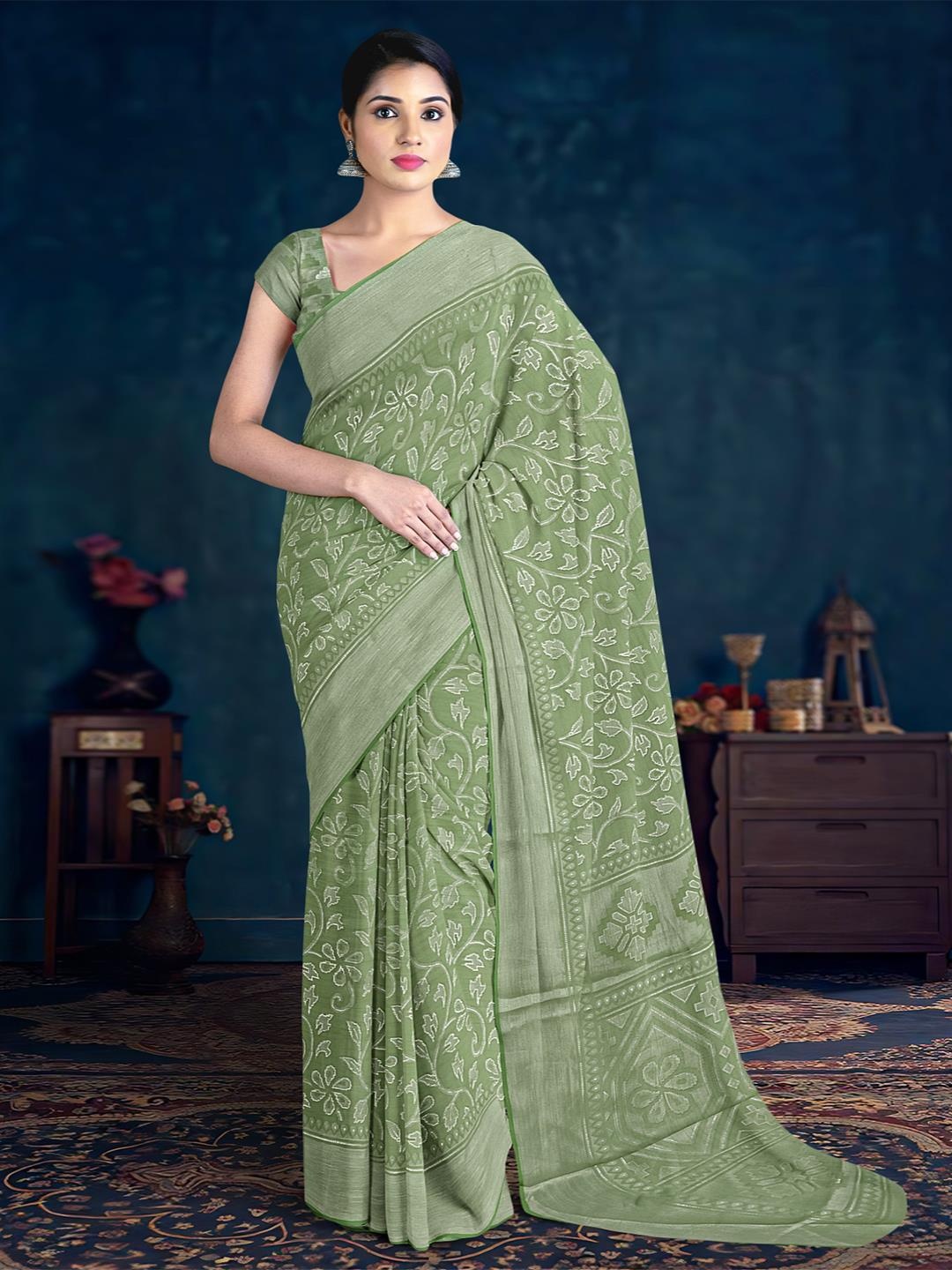 

Kalamandir Floral Printed Silk Blend Saree, Olive