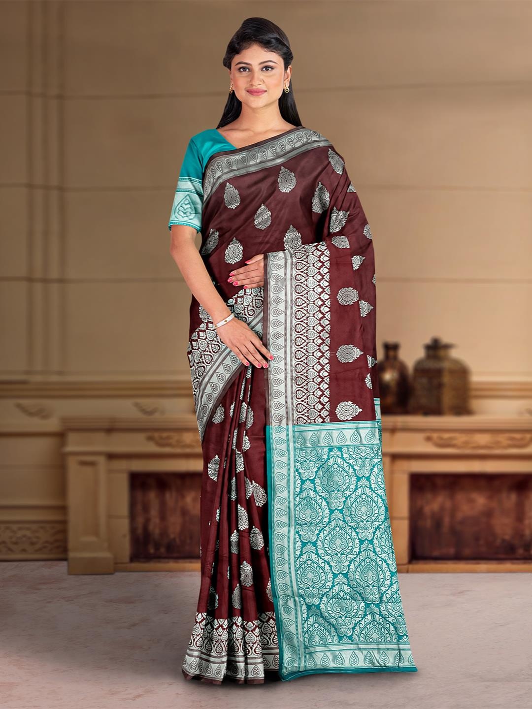 

Kalamandir Ethnic Motif Silk Blend Zari Saree, Brown