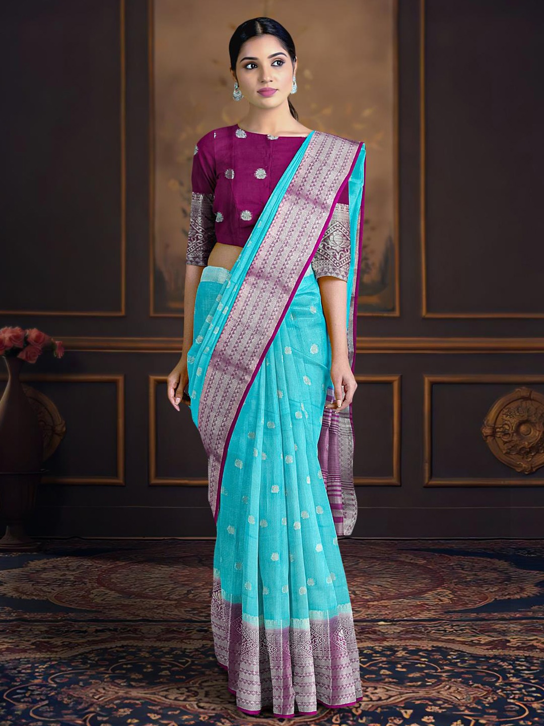 

Kalamandir Floral Woven Design Zari Saree, Blue