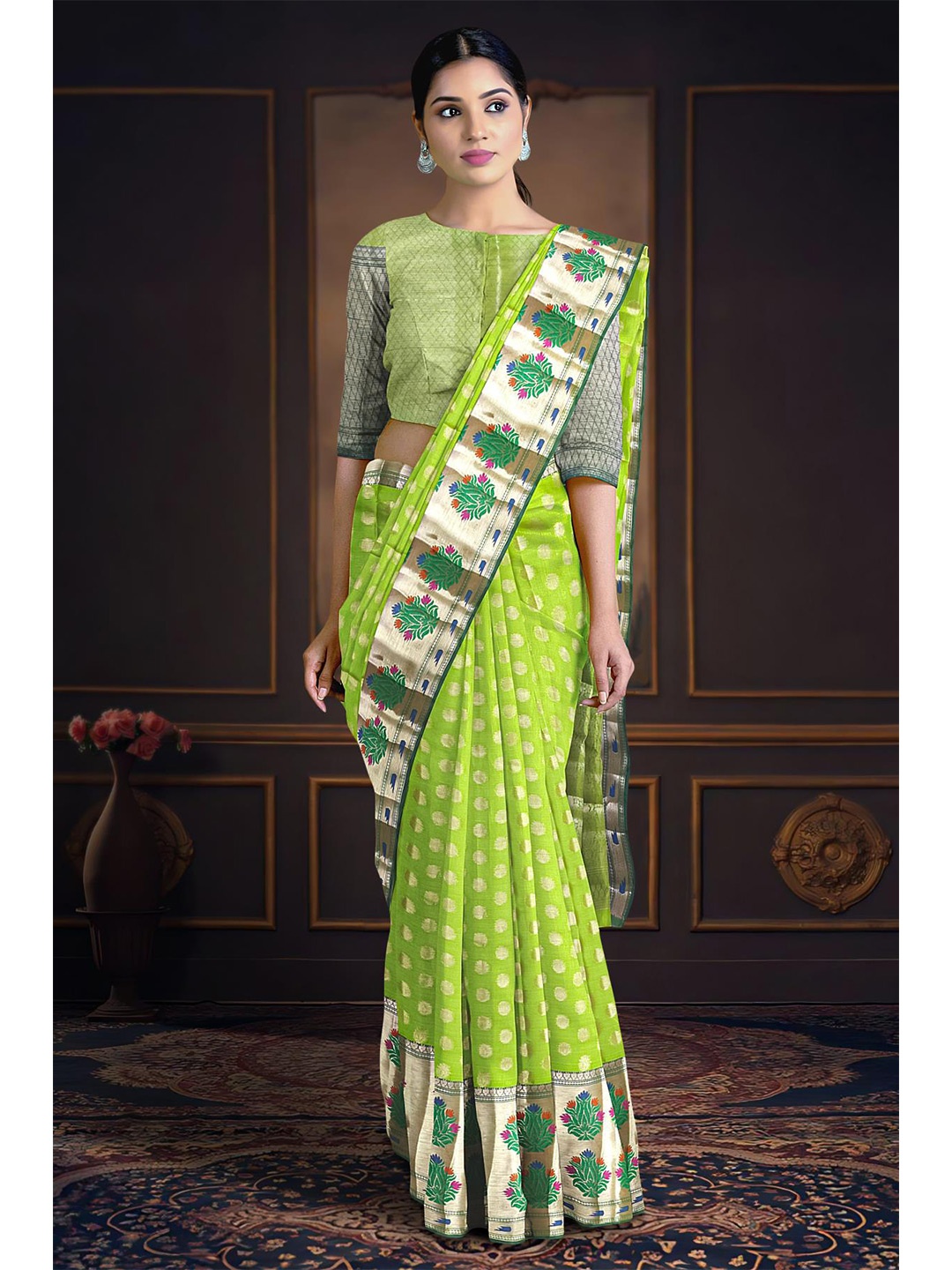 

Kalamandir Ethnic Motifs Silk Blend Zari Saree, Green