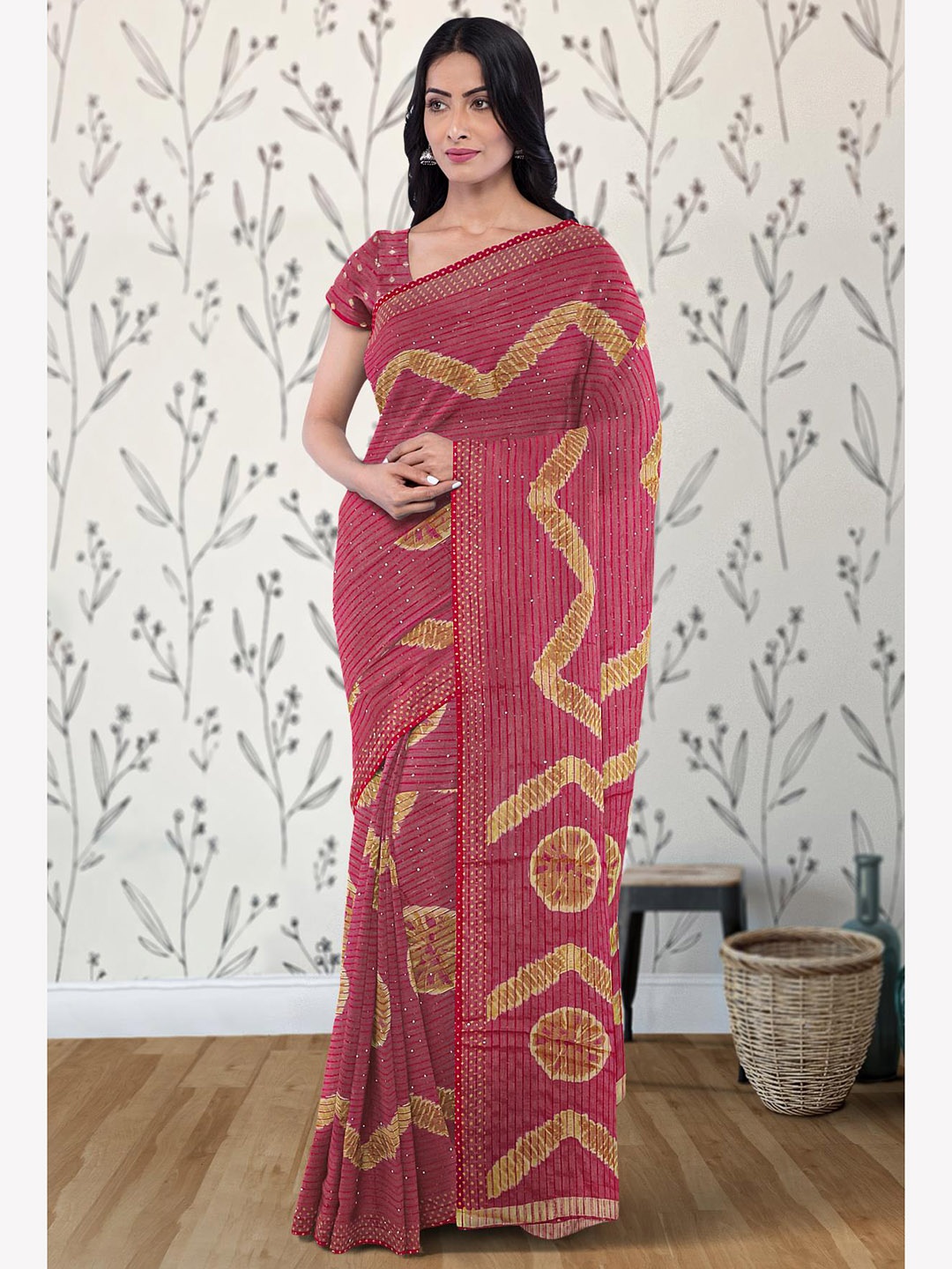 

Kalamandir Sequinned Geometric Printed Silk Blend Saree, Pink