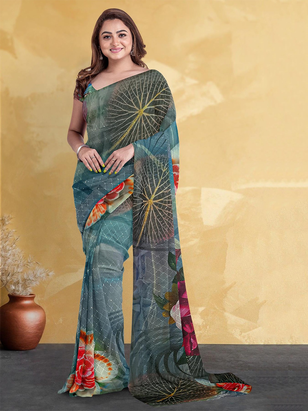 

Kalamandir Sequinned Floral Printed Silk Blend Saree, Blue