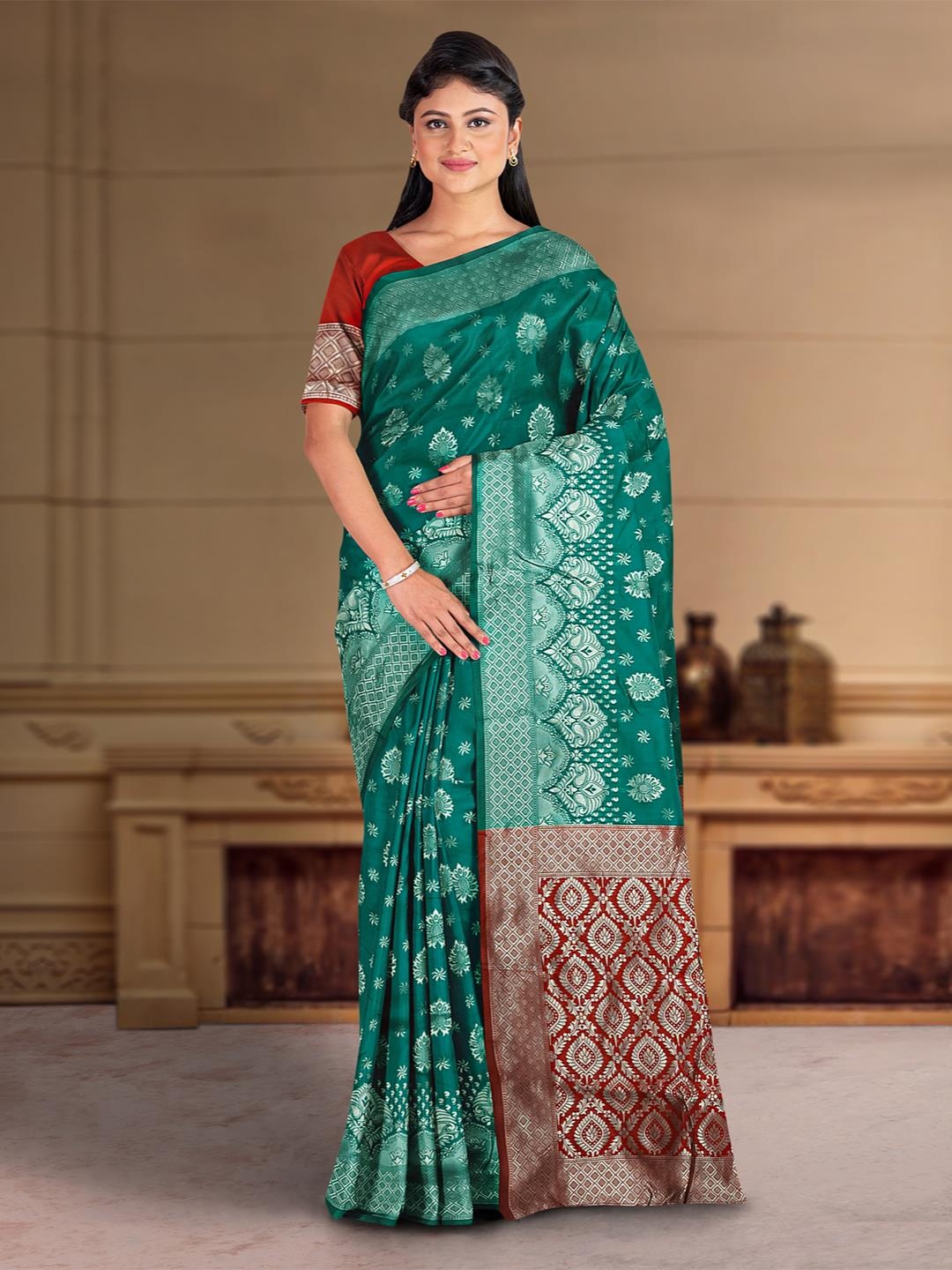 

Kalamandir Ethnic Motifs Zari Saree, Teal