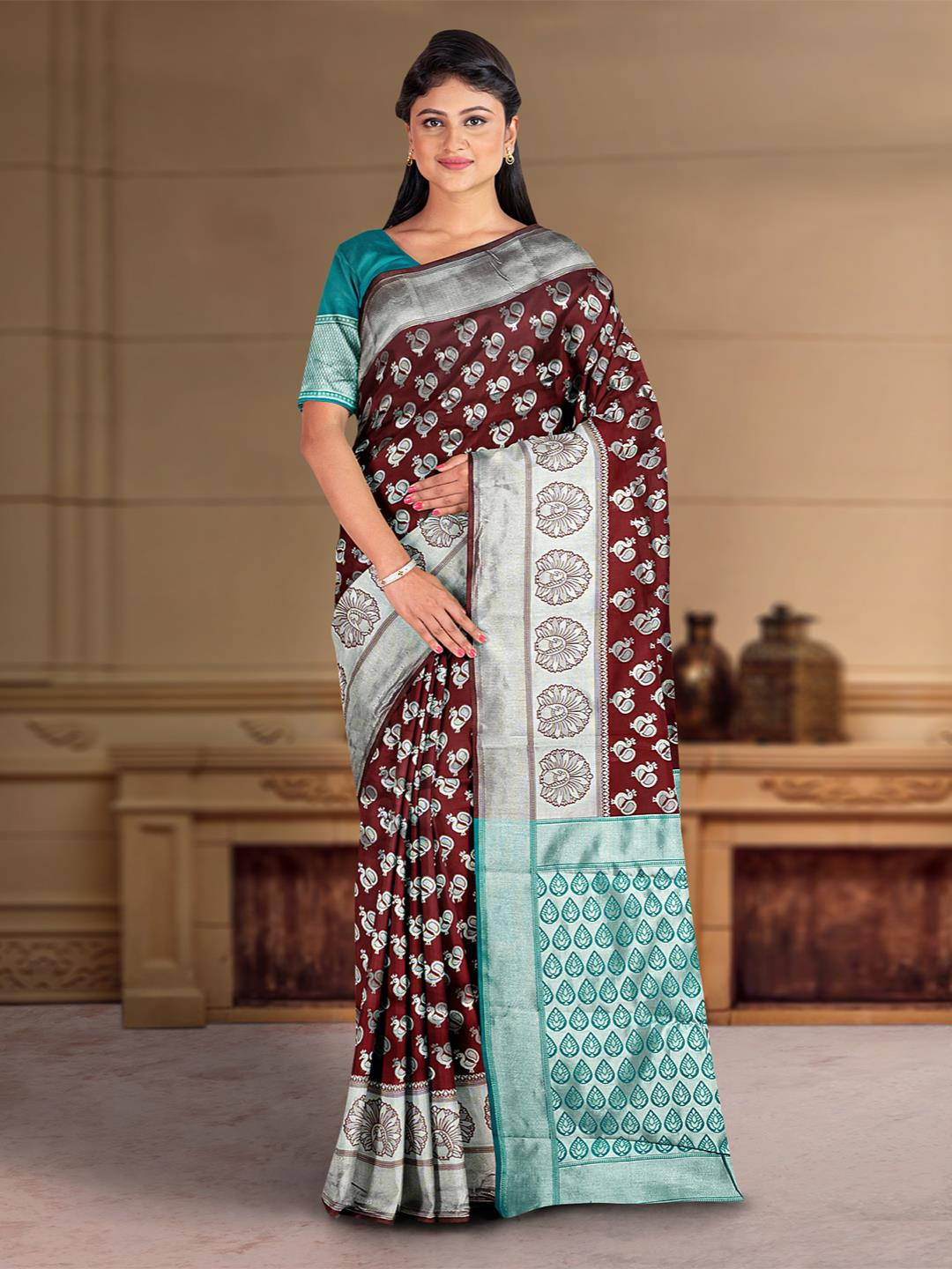 

Kalamandir Ethnic Motifs Zari Saree, Brown