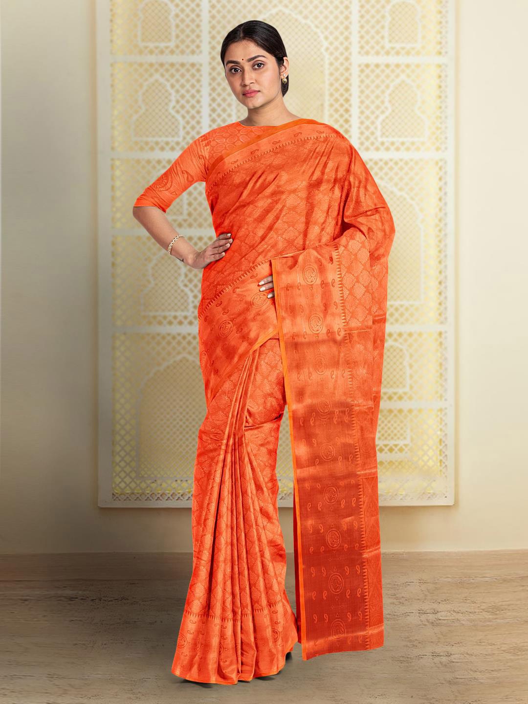 

Kalamandir Ethnic Motifs Silk Blend Saree, Rust