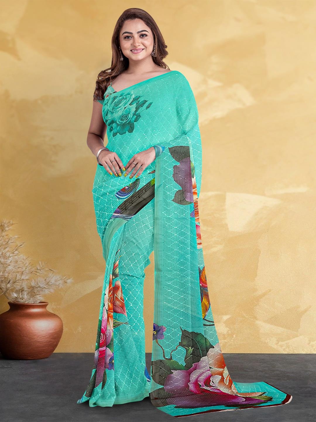 

Kalamandir Floral Sequinned Silk Blend Saree, Sea green