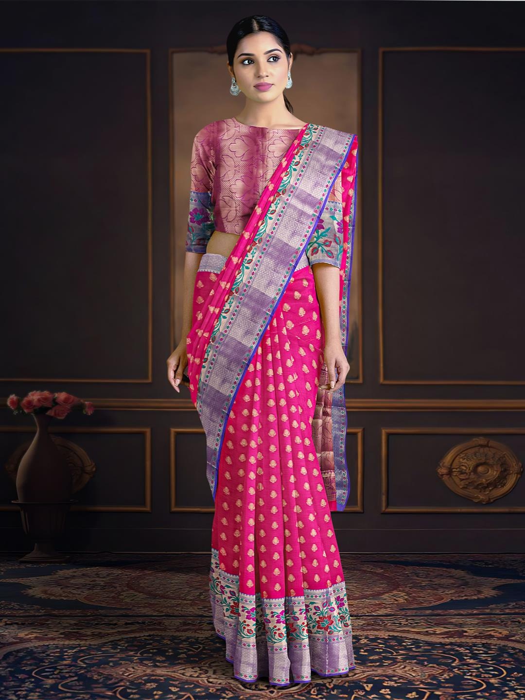 

Kalamandir Floral Motif Woven Design Zari Silk Saree, Pink
