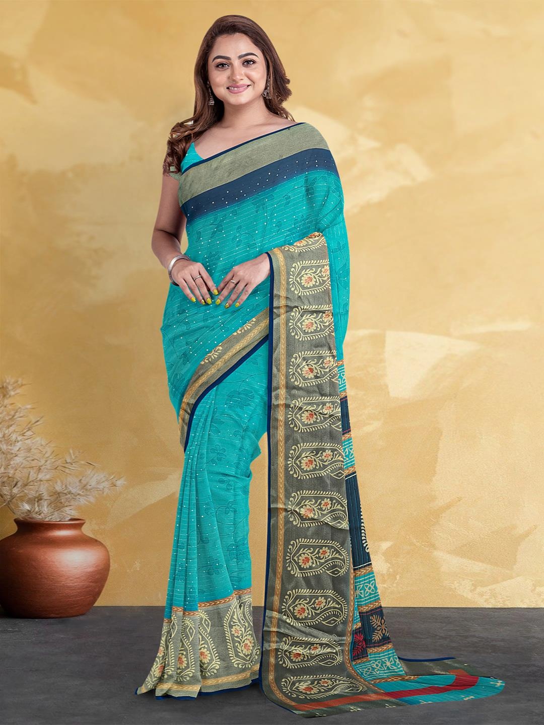 

Kalamandir Floral Printed Stone Work Saree, Blue