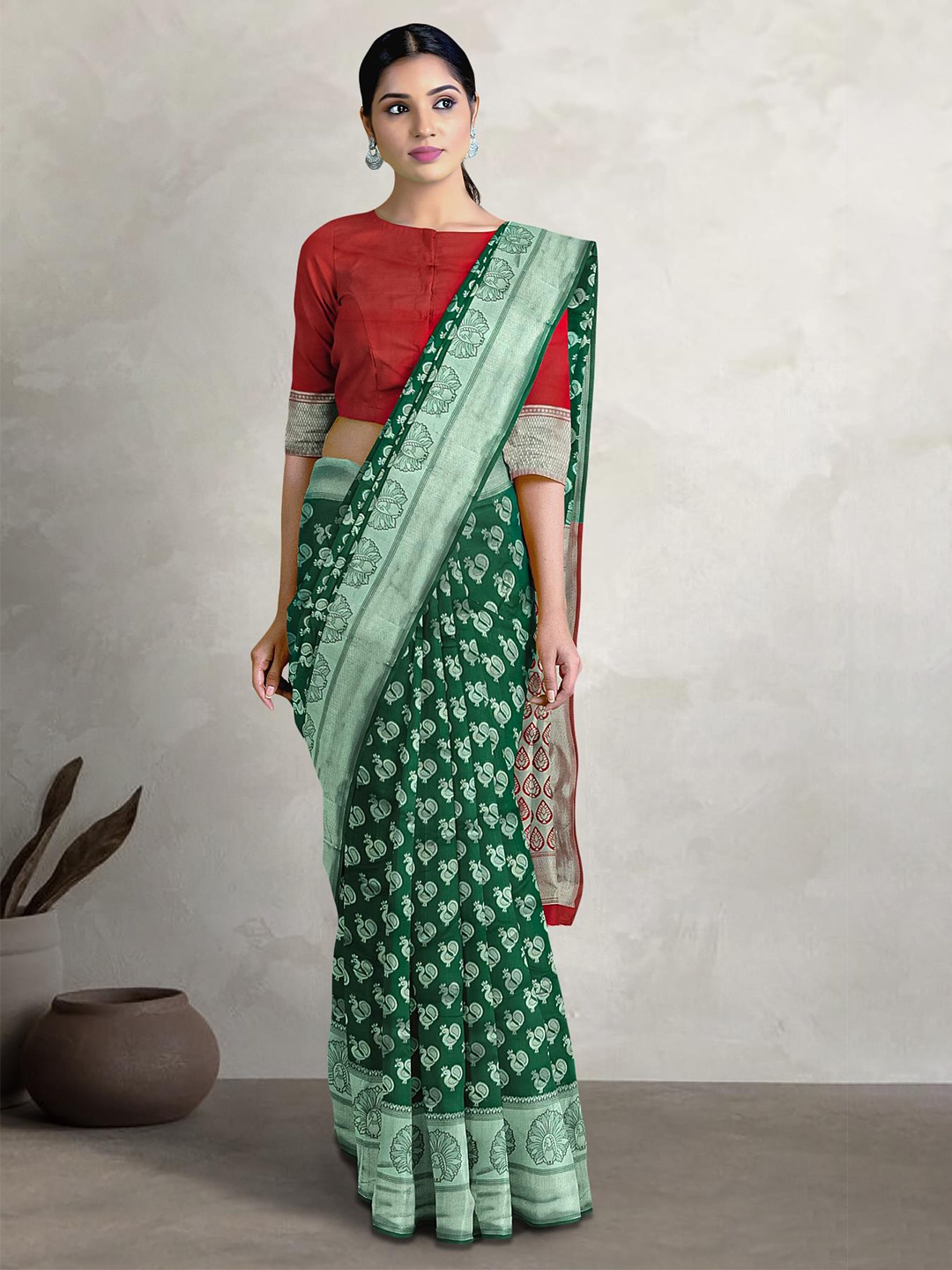 

Kalamandir Ethnic Motifs Woven Design Zari Saree, Green