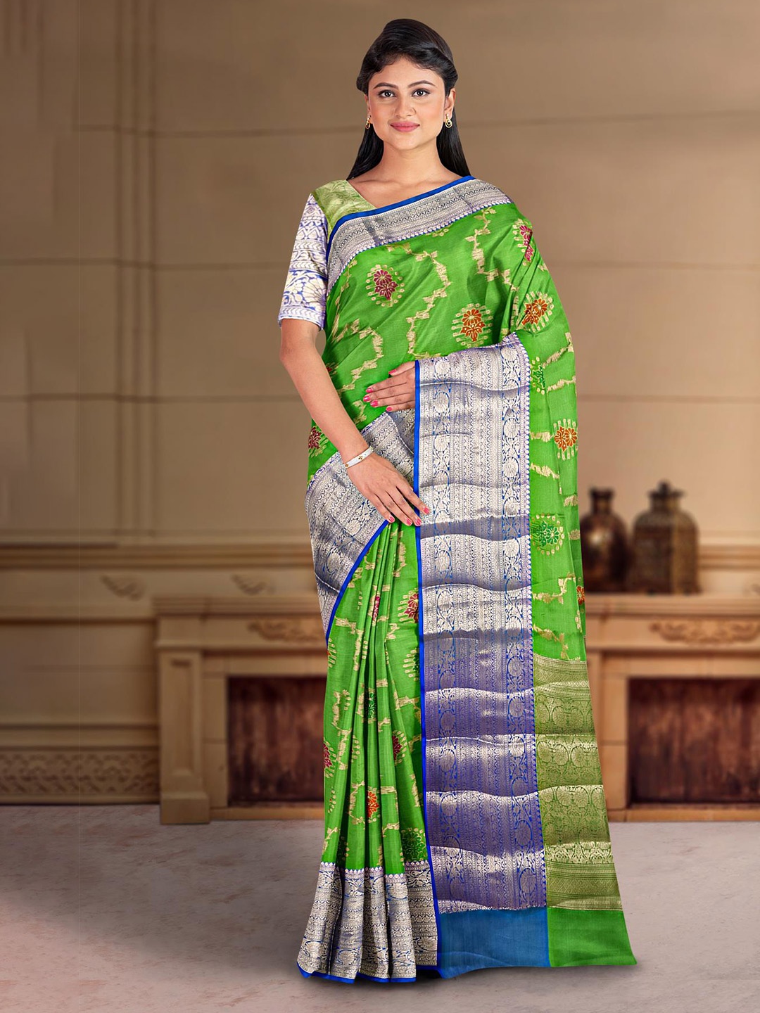 

Kalamandir Ethnic Motif Silk Blend Zari Saree, Green