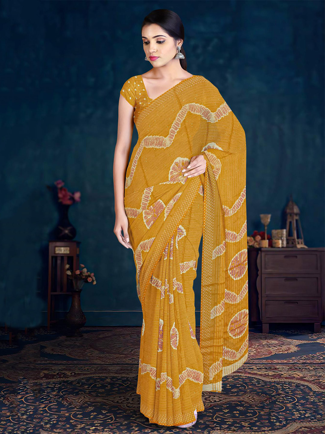 

Kalamandir Tie And Dye Printed Sequinned Embellished Saree, Mustard