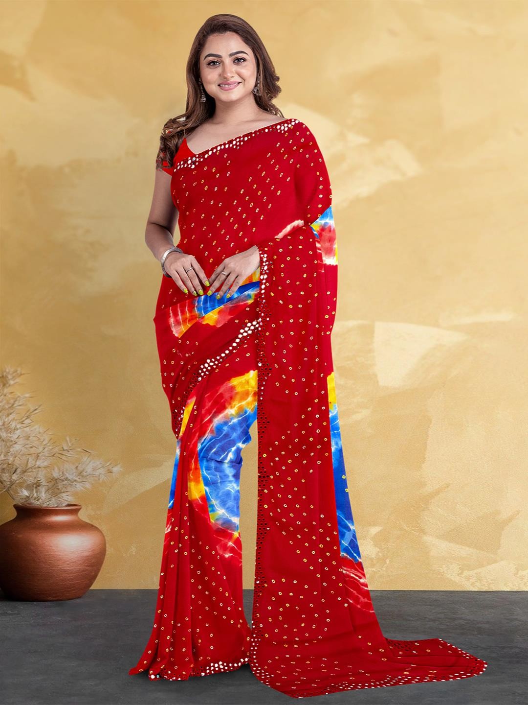 

Kalamandir Mirror Work Bandhani Saree, Red